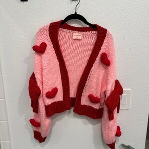 Pink and Red Heart Cardigan Sweater